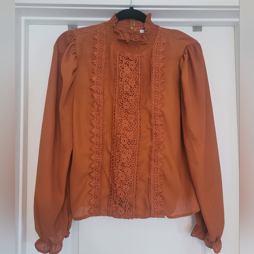 Orange Blouse with Lace Details, Button closure and long sleeve